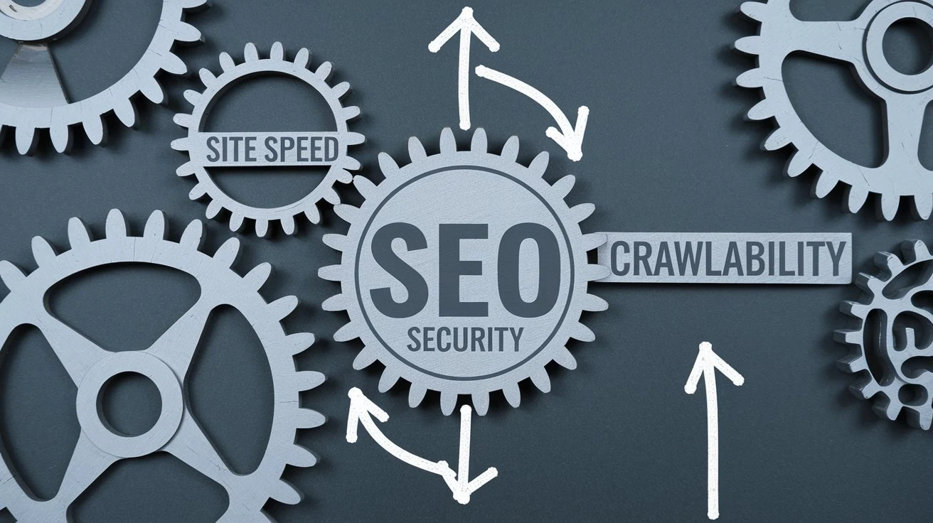 A schematic illustrating technical SEO elements for AI crawlers, represented by gears and arrows indicating interconnections.