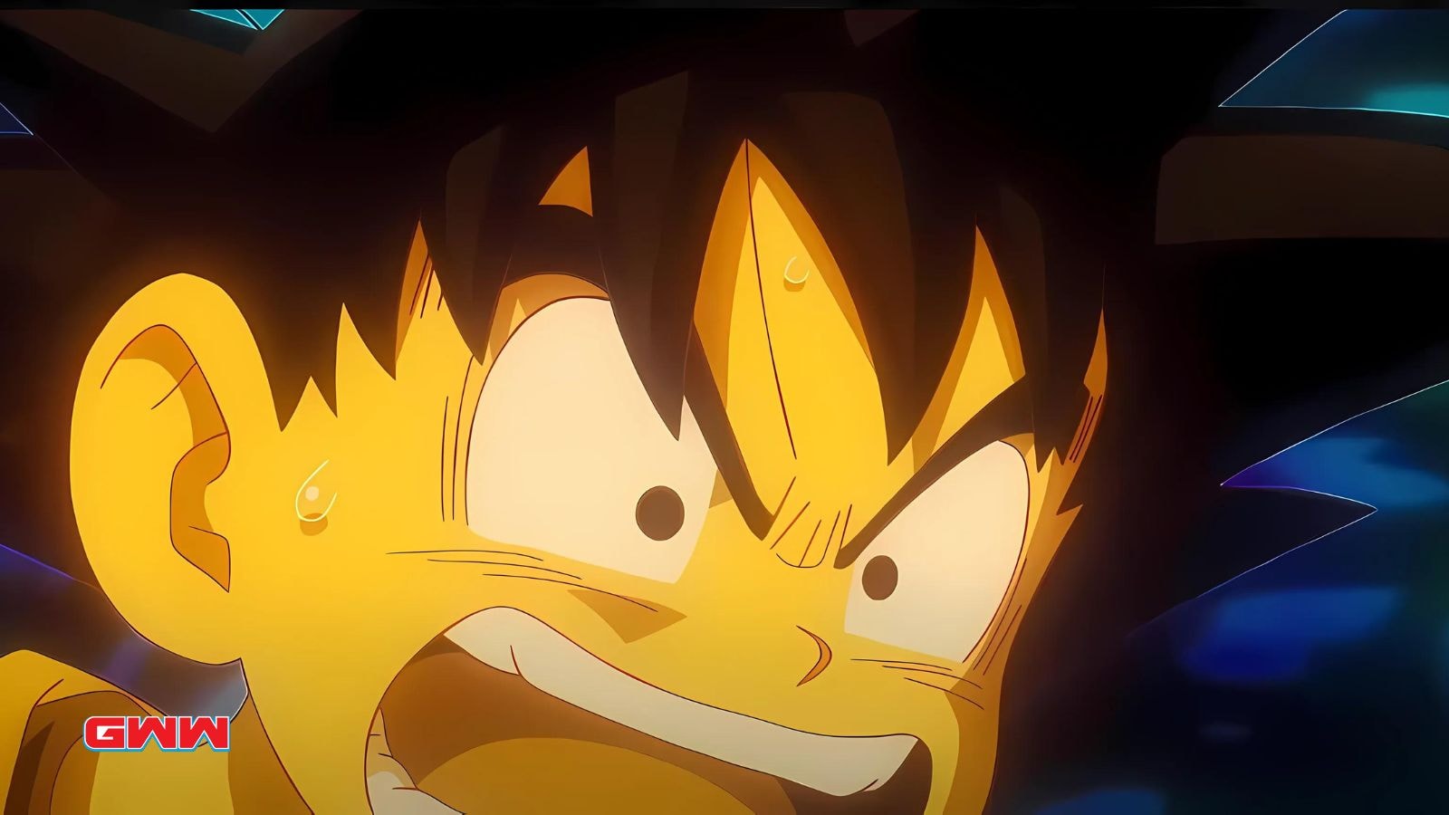 Goku in Dragon Ball Daima with intense expression, sweating, glowing yellow lighting