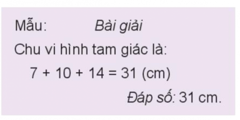 BÀI 50. CHU VI HÌNH TAM GIÁC, HÌNH TỨ GIÁC, HÌNH CHỮ NHẬT, HÌNH VUÔNGHoạt động 1Bài 1: Tính chu vi hình tam giác có độ dài các cạnh là:a) 7 cm, 10 cm và 14 cm.b) 20 dm, 30 dm và 40 dm. c) 15 dm, 20 dm và 15 dm. Đáp án chuẩn:b, 90 dm.c) 50 dm.Bài 2: Tính chu vi hình tứ giác có độ dài các cạnh là:a) 3 dm, 4 dm, 5 dm và 6 dm.b) 10 cm, 15 cm, 10 cm và 15 cm.Đáp án chuẩn:a) 18 dmb) 50 cm.Bài 3: Rô-bốt dùng đèn nháy để trang trí thuyền như hình vẽ. Hỏi chiều dài đoạn dây đèn nhảy là bao nhiêu xăng-ti-mét?Đáp án chuẩn:Chiều dài đoạn dây đèn nháy là 150 cmHoạt động 2Bài 1: Số?Đáp án chuẩn:Bài 2: Tính chu vi hình chữ nhật có:a) Chiều dài 6 cm, chiều rộng 4 cm.b) Chiều dài 8 m, chiều rộng 2 m.c) Chiều dài 15 dm, chiều rộng 10 dm.Đáp án chuẩn:b) Chu vi hình chữ nhật là 20 mc) Chu vi hình chữ nhật là 50 dmBài 3: Đố em biết, Nam cần dùng bao nhiêu que tính để xếp thành một hình vuông có cạnh gồm 3 que tính như hình vẽ trên?Đáp án chuẩn:Để xếp thành hình vuông có cạnh gồm 3 que tính, Nam cần 12 que tính.Luyện tập