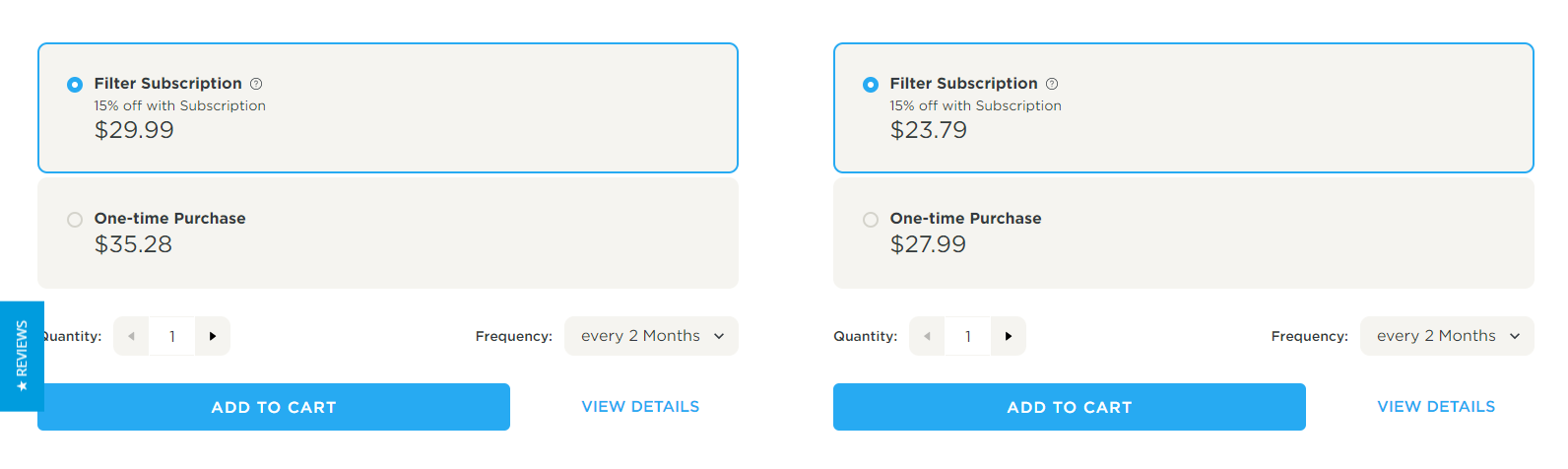 Homewater clearly shows customers who visit their website that they’ll save more when they subscribe to their filter replacement subscription model.