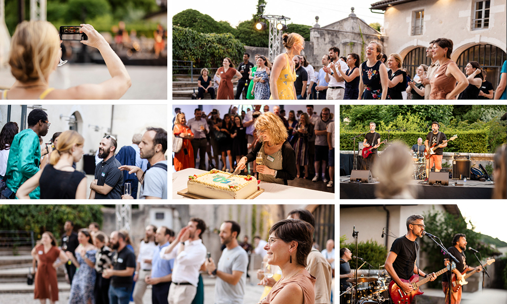 Photo collage of guests enjoying the concert given by Monsieur Machango, a rock’n’roll band, including Gergely Papp, Team leader at EMBL Grenoble, as a drummer. 
