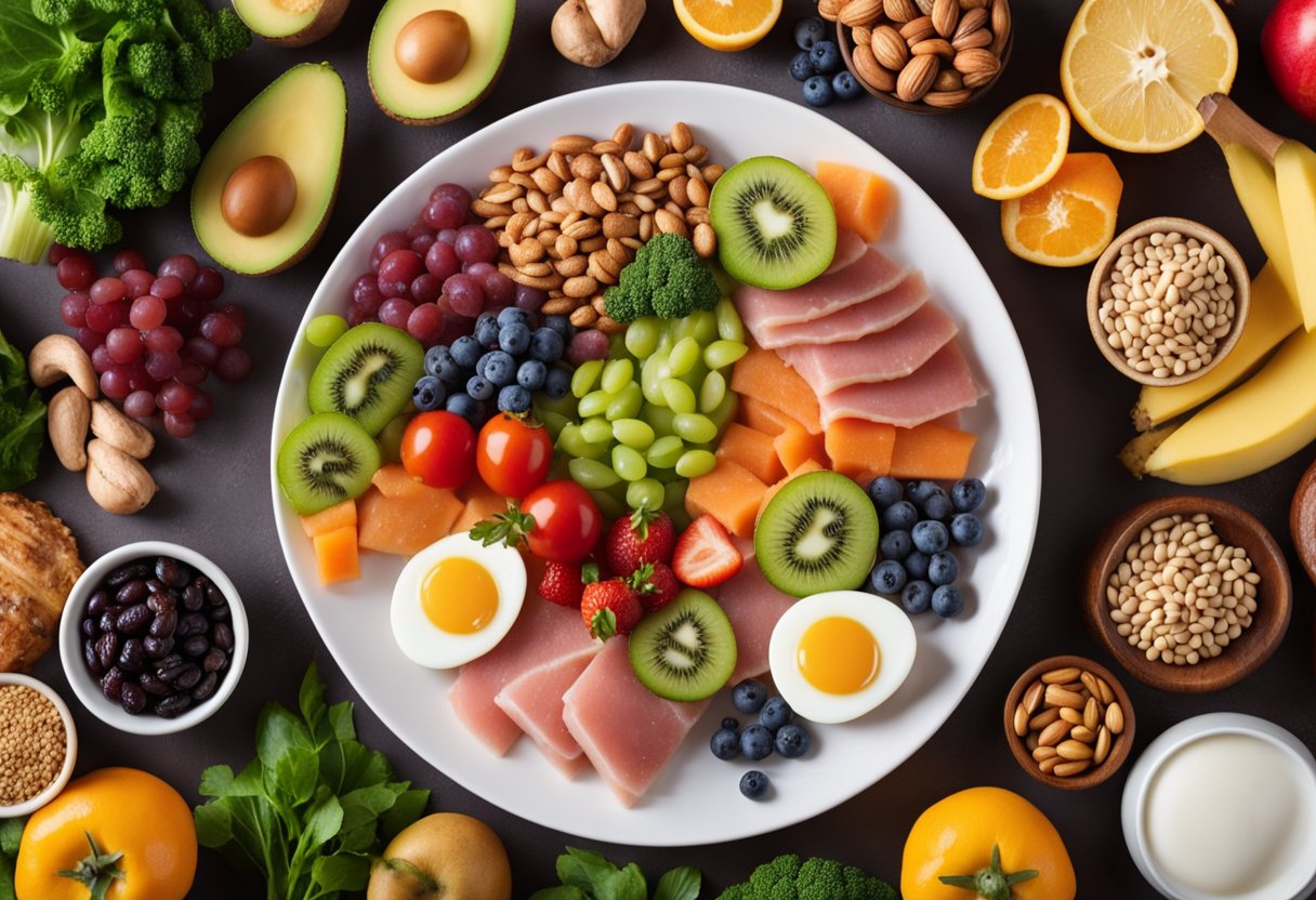 A colorful plate filled with a variety of protein-rich foods such as lean meats, fish, eggs, legumes, and nuts, surrounded by vibrant fruits and vegetables