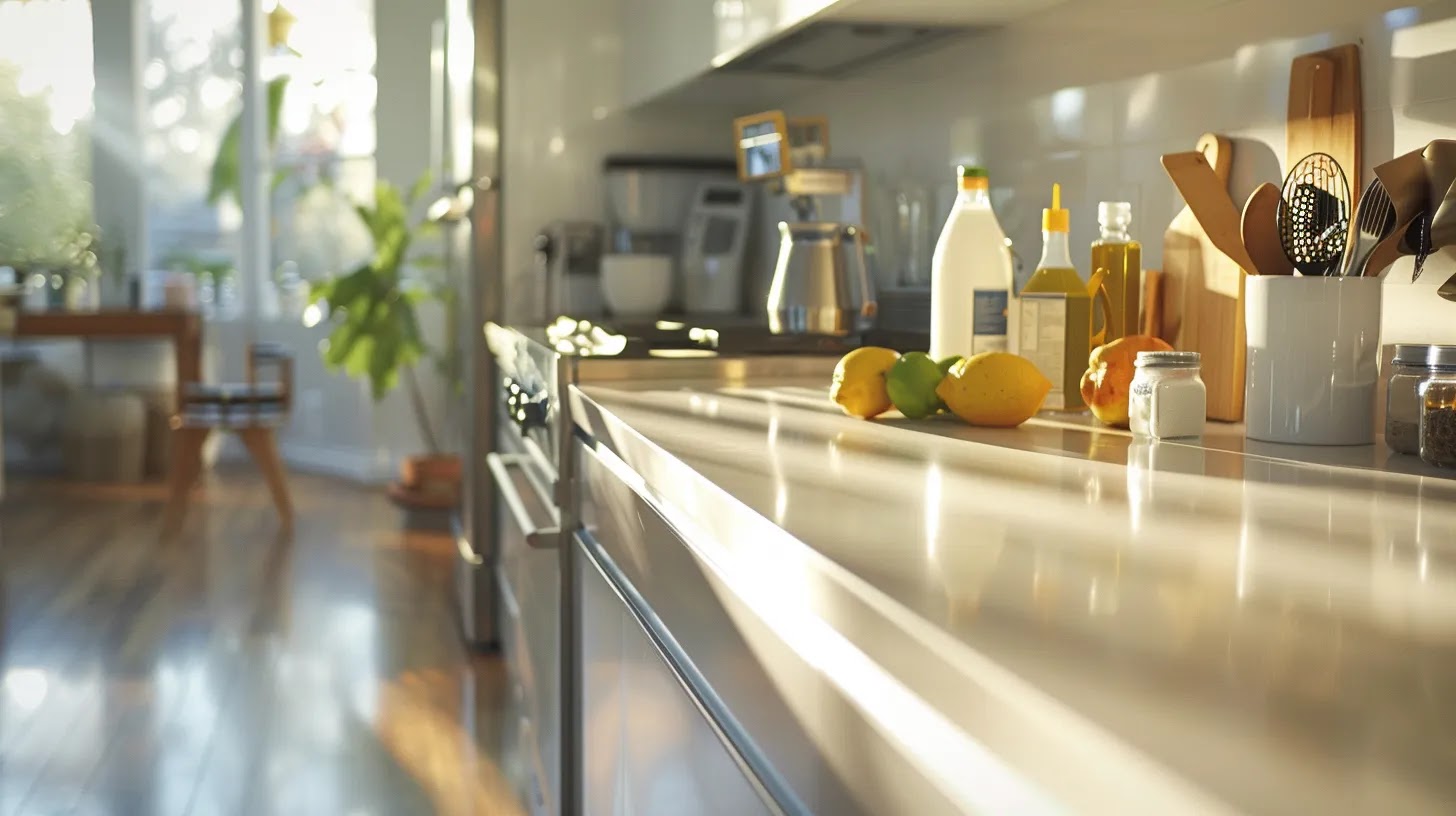 a meticulous moving-out cleaning scene in a bright, modern kitchen, showcasing sparkling appliances and polished wood surfaces, with cleaning supplies organized on the counter, emphasizing the professionalism and attention to detail of the cleaning process.