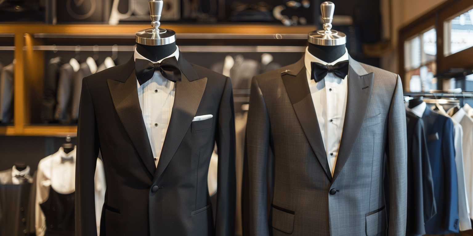 Side-by-side comparison of a tuxedo and a business suit on mannequins or models. The tuxedo features satin lapels, satin-covered buttons, a bow tie, and trousers with satin side stripes. The suit features matte fabric lapels, standard plastic buttons, a necktie, and classic trousers. Background shows a split formal vs. business setting--like a gala on one side and an office on the other.