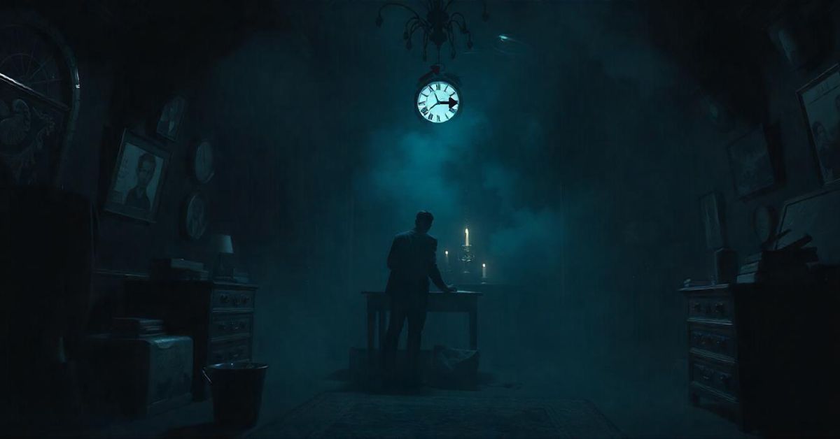 A man stands in darkness, gazing at a clock, symbolizing the passage of time across Different Religions.