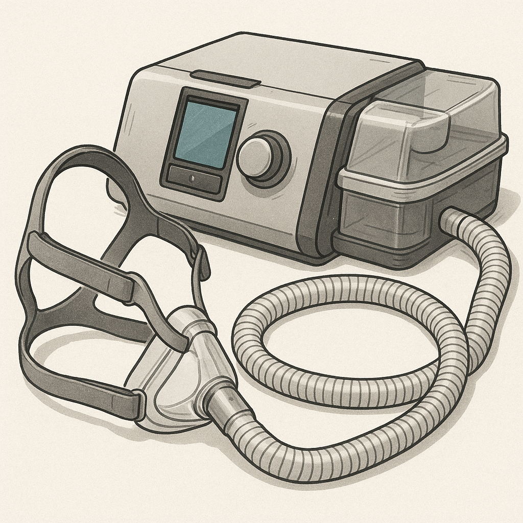 Illustration of a CPAP machine with a mask and tubing
