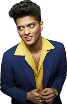 This contains a picture of Bruno Mars in a blue suit and yellow shirt 