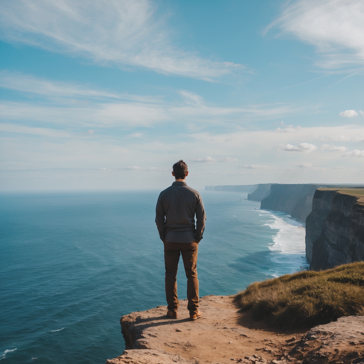 A man standing on a high cliff, looking at a new horizon – Embracing his identity on his terms.