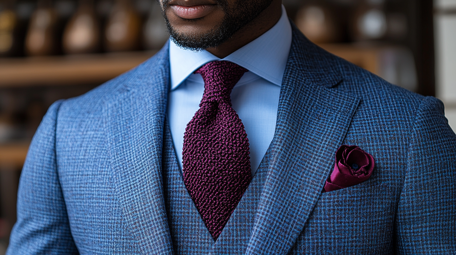 
A man wearing a blue suit with a burgundy knit tie. The knit texture of the burgundy tie adds depth and sophistication to the outfit, offering a rich, stylish look that's suitable for both casual and formal events.