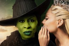 This contains a picture of  Ariana Grande and Cynthia Erivo  dressed in green and black, one wearing a tiara while the other is holding her hand to her face