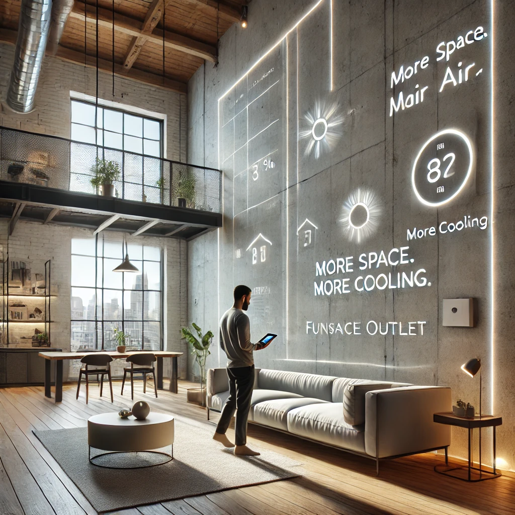 Modern loft apartment with high ceilings and open floor plan showing large air volume for cooling.