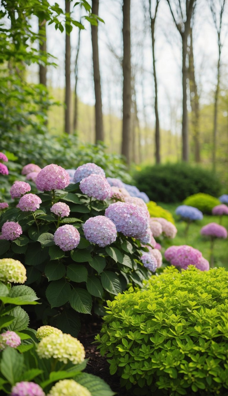 A peaceful woodland scene with a variety of hydrangea bushes and flowers creating a charming and colorful retreat