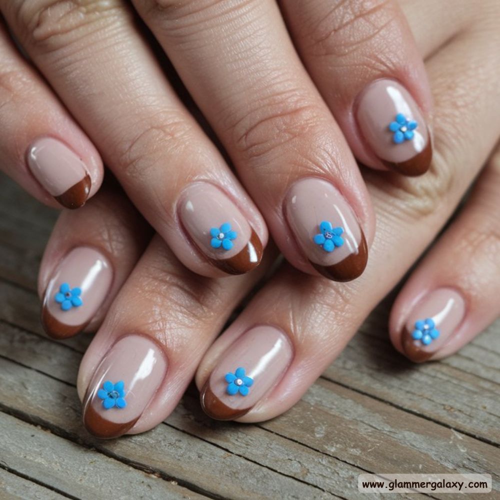 Blue and Brown Nails with Elegant Floral French Tips