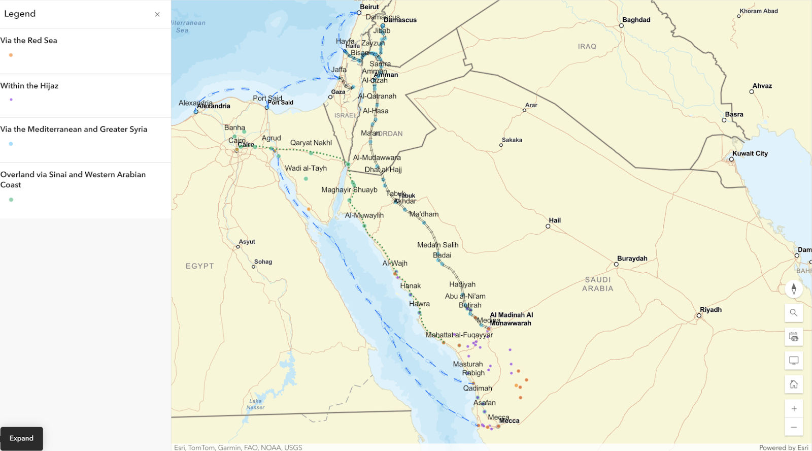 Screenshot of the map with a standard base-map, showing contemporary nation state borders that do not reflect the historical context of late Ottoman Egyptian pilgrims.