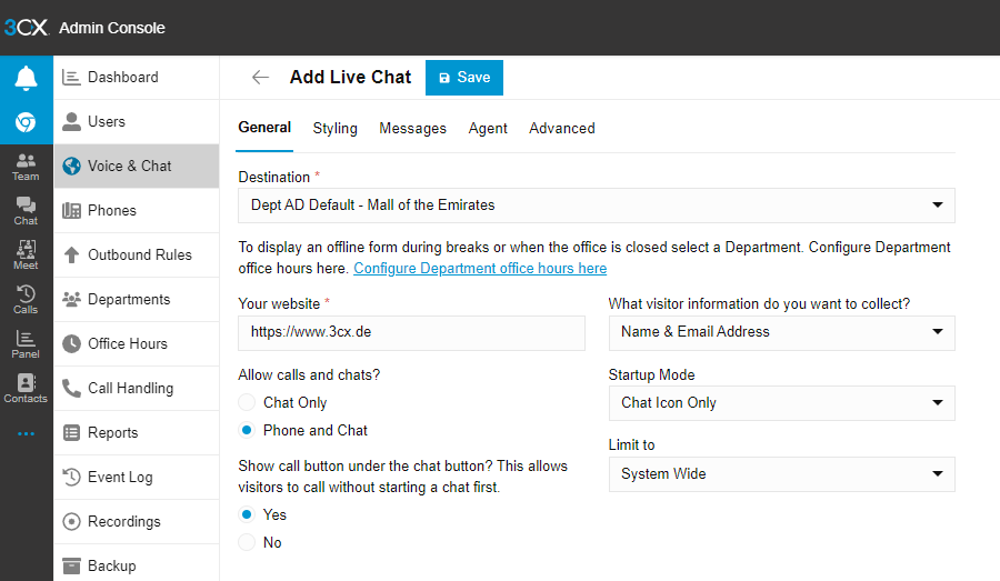 3CX Live Chat Configuration via Admin Console