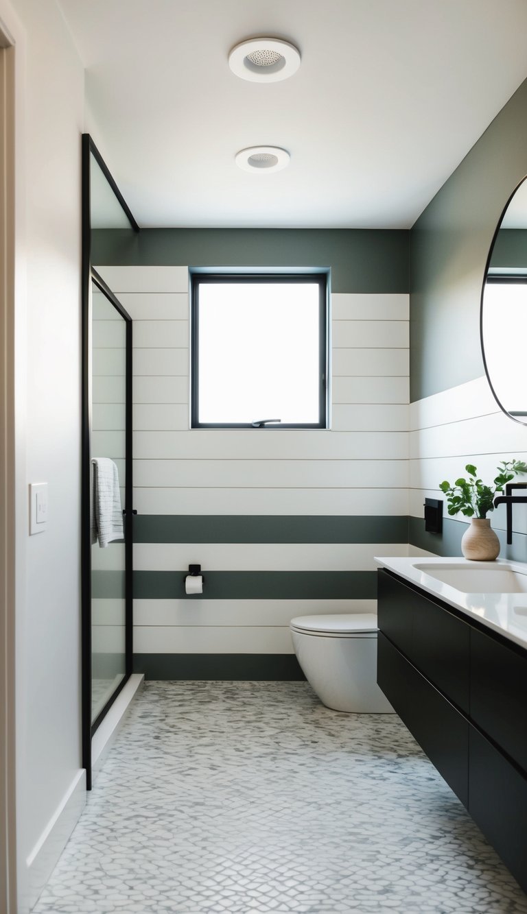 A modern bathroom with mixed width shiplap walls, featuring a sleek and minimalist design with natural light and simple decor