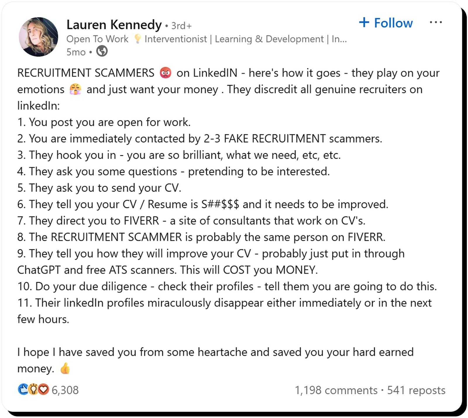 Fake recruiter profiles scam screenshot