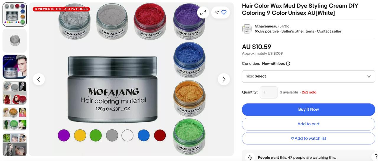 1.Hair Color Wax Mud Dye Styling Cream DIY Coloring 9 Color Unisex AU[White]