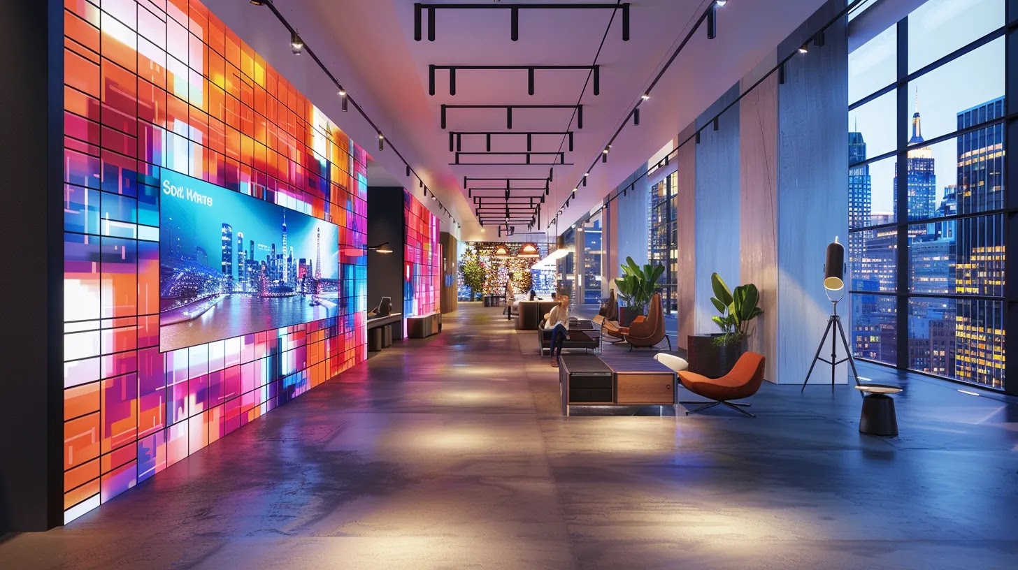 a dynamic office space showcases a vibrant digital display wall featuring a series of engaging visual narratives that represent diverse brand channels, highlighting the power of cohesive storytelling in a modern, professional environment.