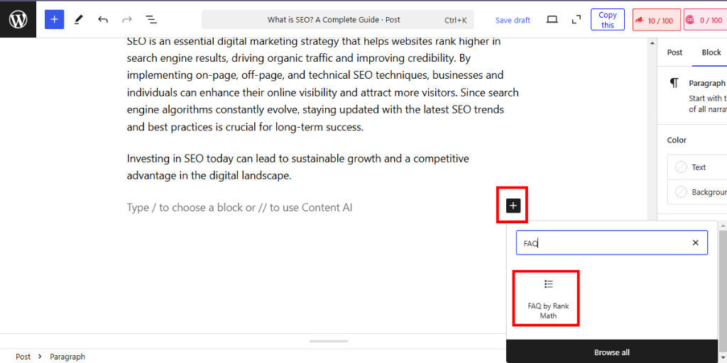 Add FAQ Block by Rank Math