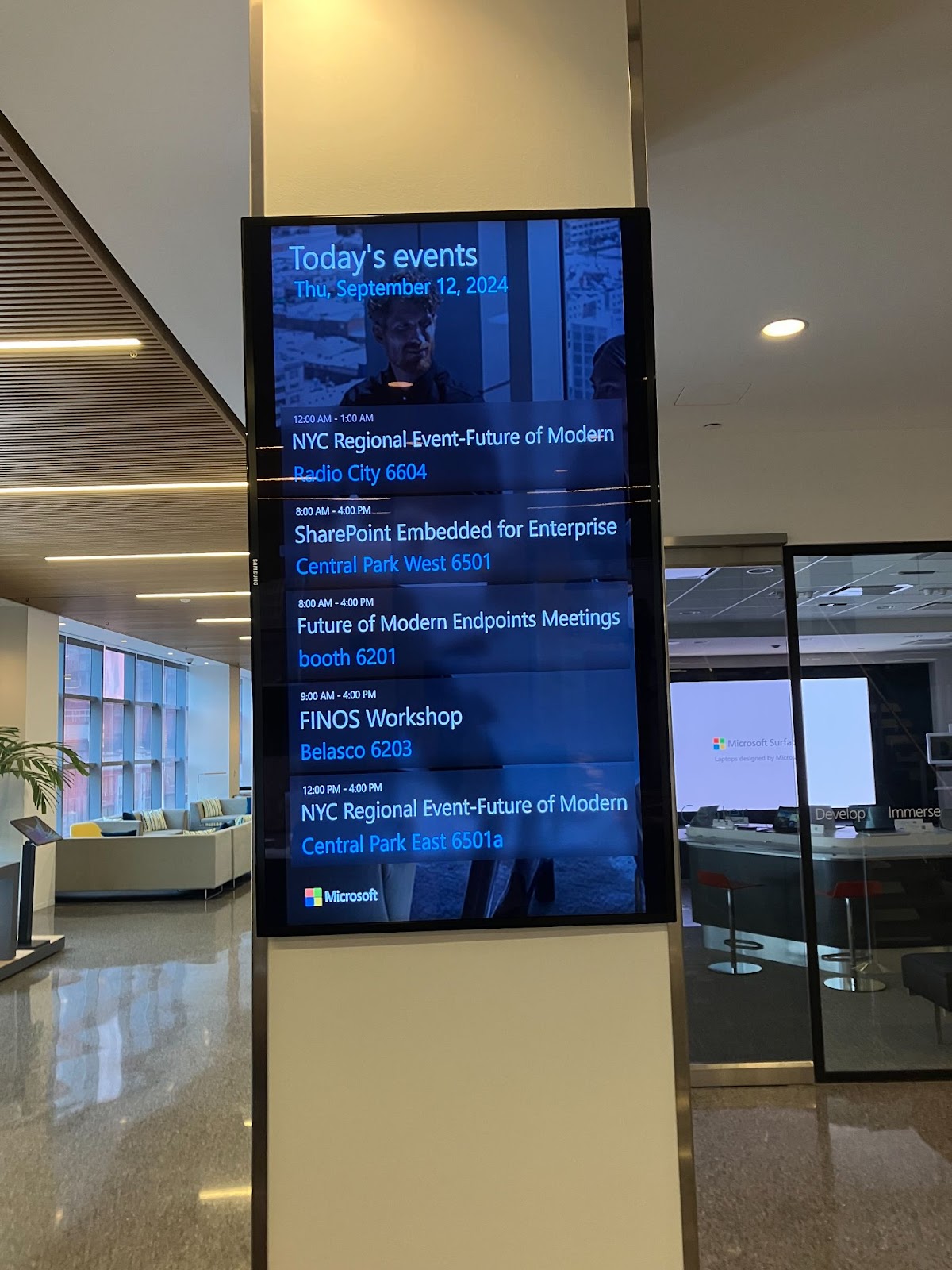 Schedule of tech sprint displayed on a tv