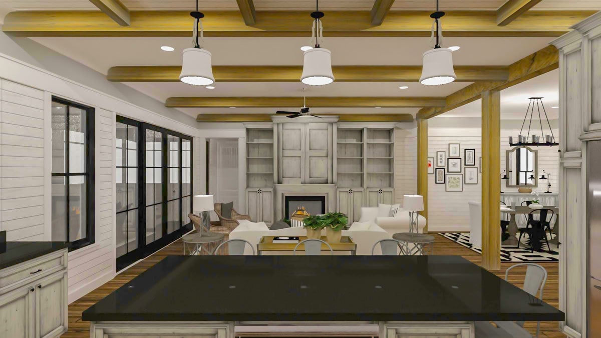 View of the living room and dining area from the kitchen.