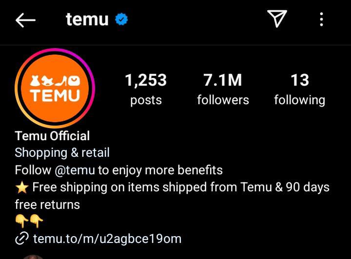 Screenshot showing 90-day free return policy on Temu's Instagram page