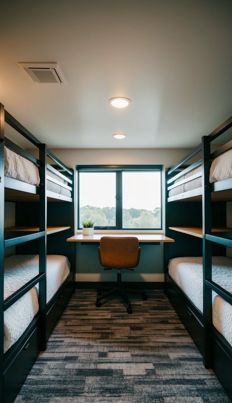 A bunk room with convertible bunk desks, creating a versatile and functional space for work and rest