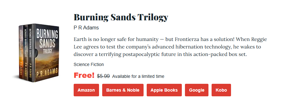 a screenshot of burning sands trilogy book one of  BookBub Science Fiction Deals