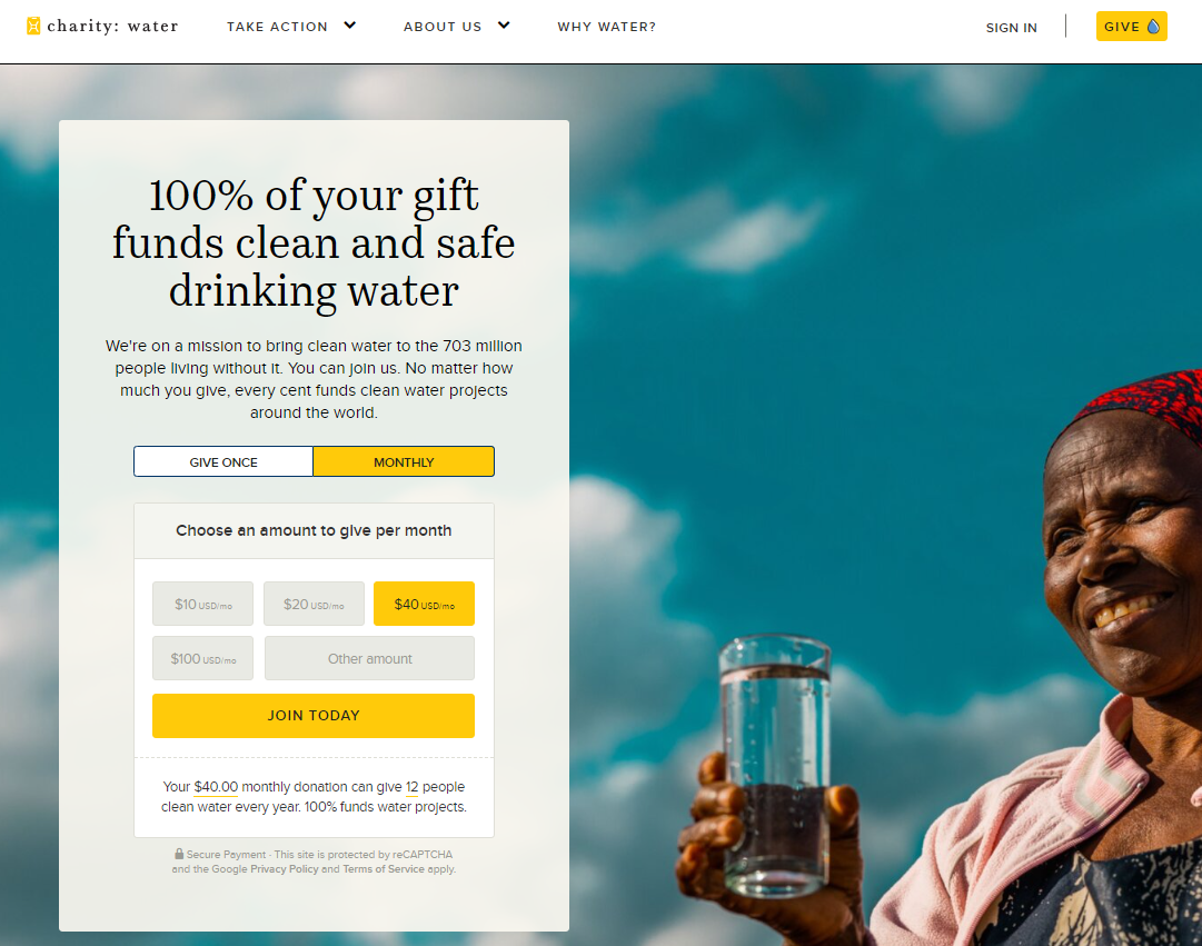 charity water fundraising landing page 