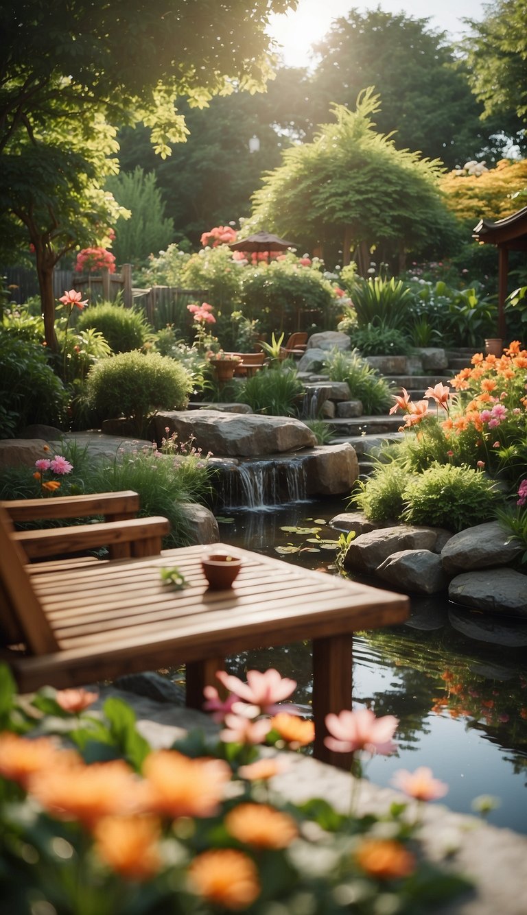 A peaceful patio with wooden seating overlooks a serene koi pond, surrounded by lush greenery and colorful flowers