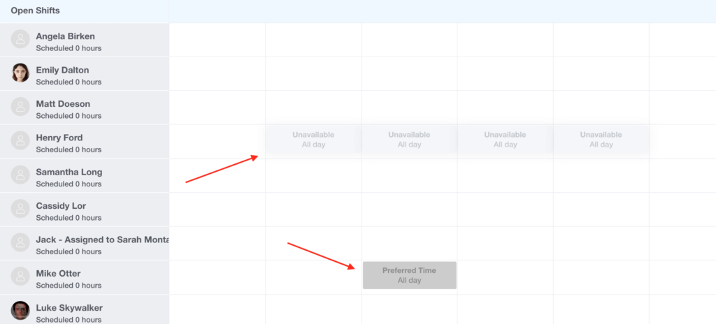 Employees can mark preferred work hours and when they're unavailable. 