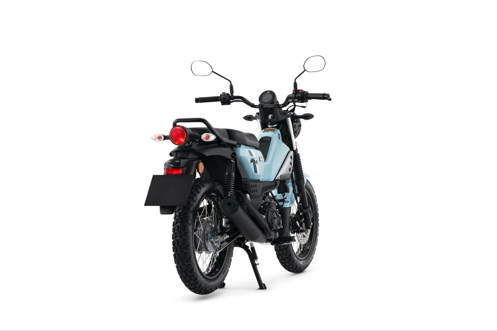 A blue motorcycle with black wheelsAI-generated content may be incorrect.