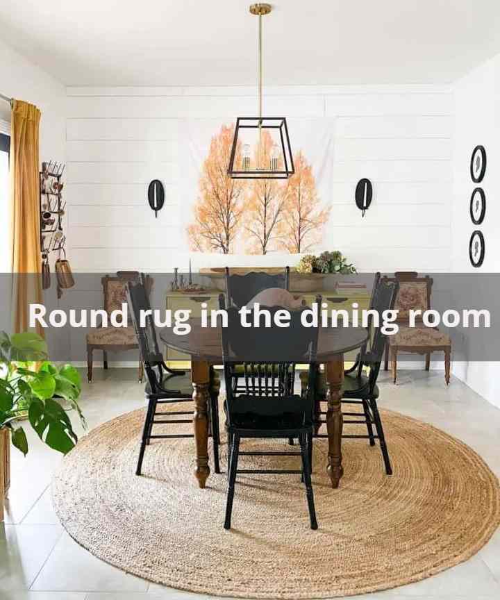 A round rug beneath the dining table