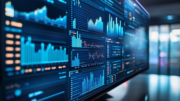 Advanced trading station with multiple screens displaying financial analytics and charts