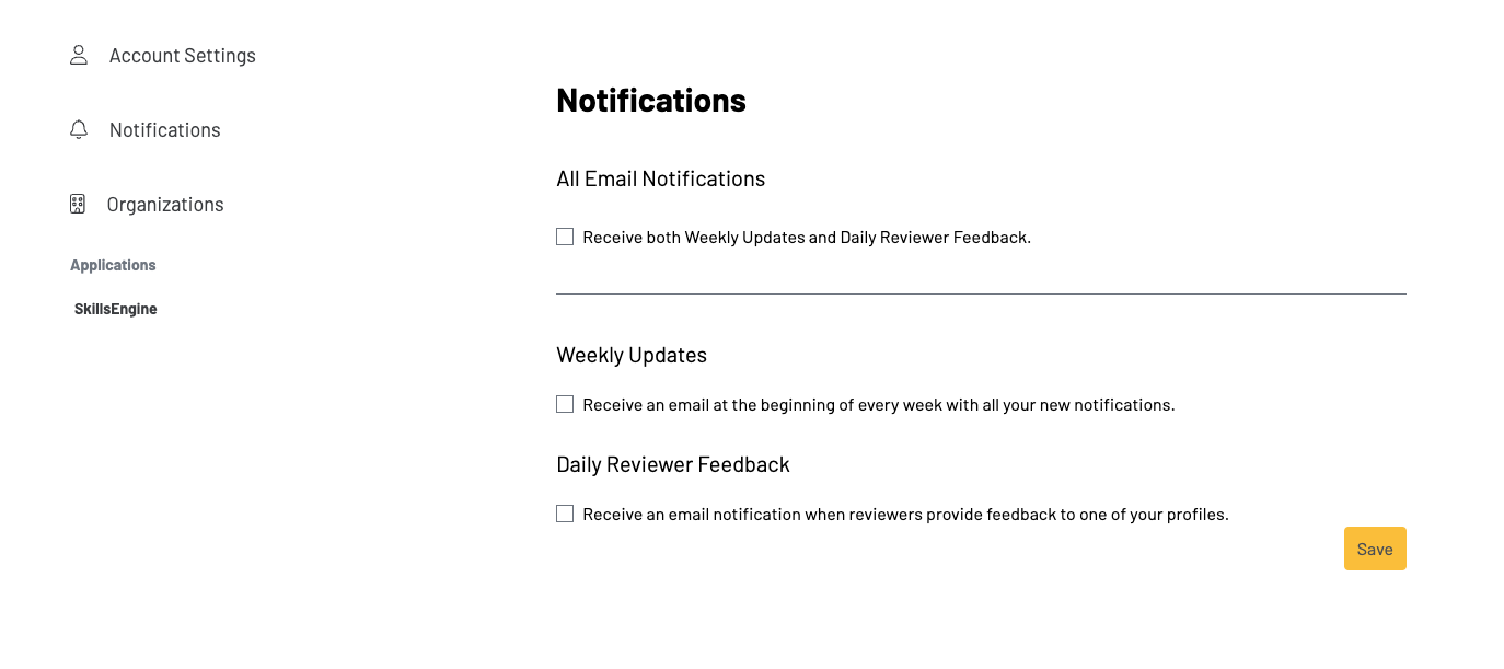 Screenshot of the notifications tab in the account settings page.