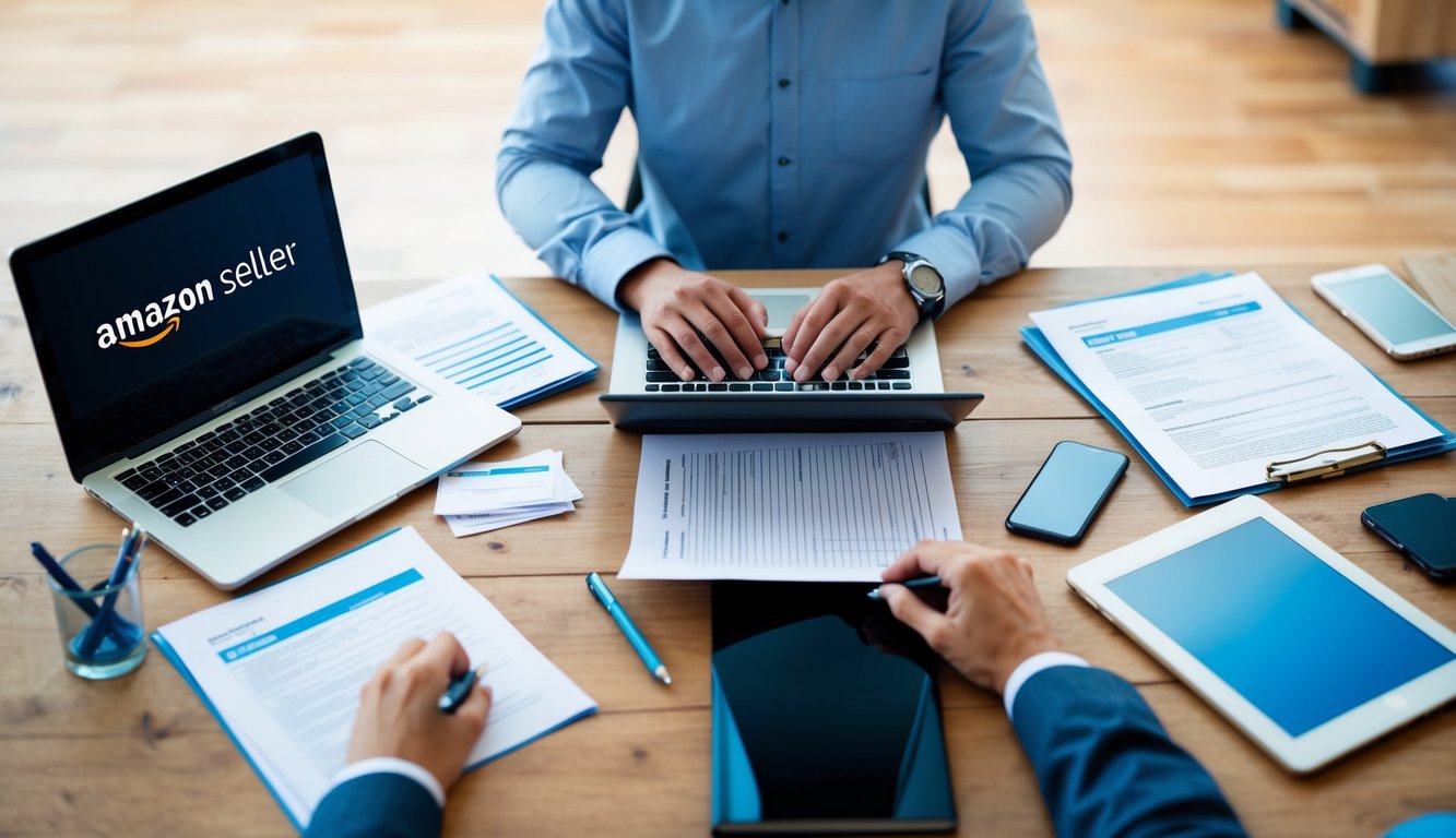 An Amazon seller sits at a desk surrounded by paperwork, a laptop, and a phone. They are researching insurance requirements and taking notes