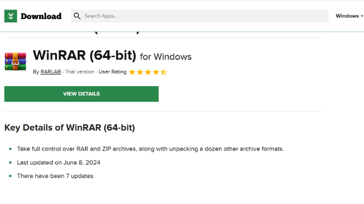 Screenshot of a CNET page, a trusted option to download WinRAR freeware.