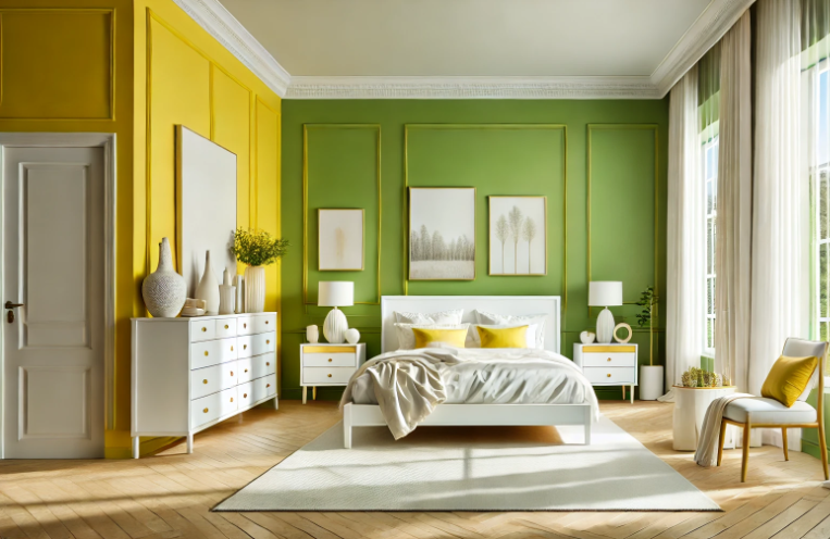 Vibrant bedroom with lime green and yellow walls for a fresh, citrusy feel.
