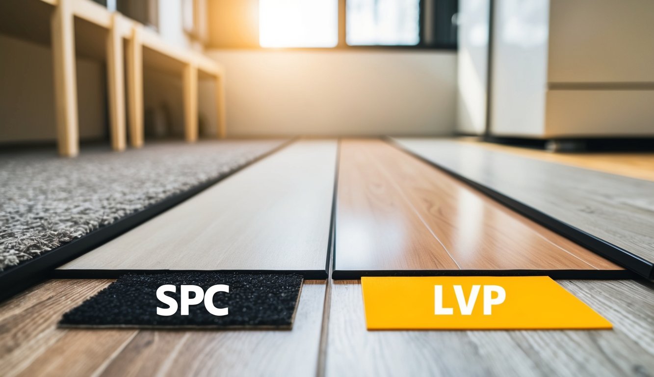 A room with two flooring options, SPC and LVP, laid out side by side for comparison. Different textures and colors are visible