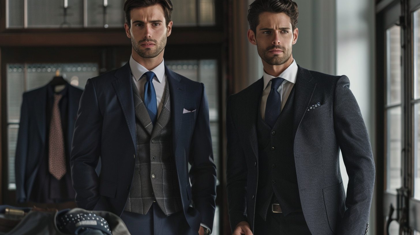 Two stylish men side-by-side: one wearing a two-piece suit (jacket and trousers), the other in a three-piece suit (jacket, trousers, and matching vest). Classic colors like navy and charcoal. Elegant indoor setting. Clean, tailored silhouettes that highlight the layered difference.