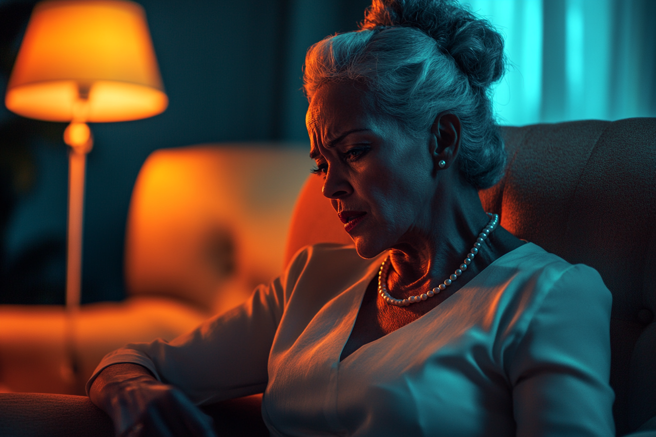 Woman in her 50s sitting in an armchair in the living room late at night looking sad while talking | Source: Midjourney