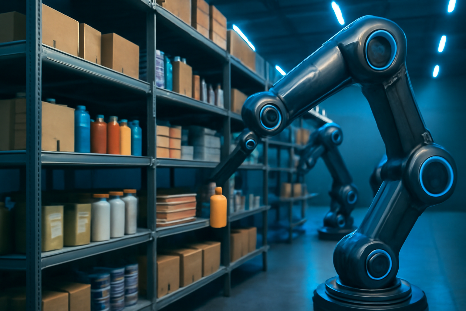 High Tech Warehouse with AI Powered Robotic pickers
