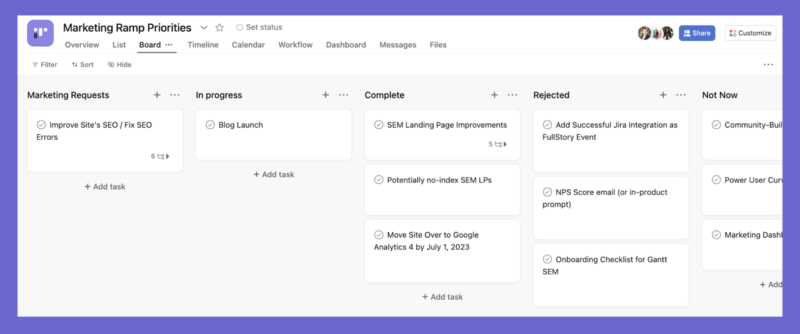 Asana board screenshot of marketing ramp priorities 