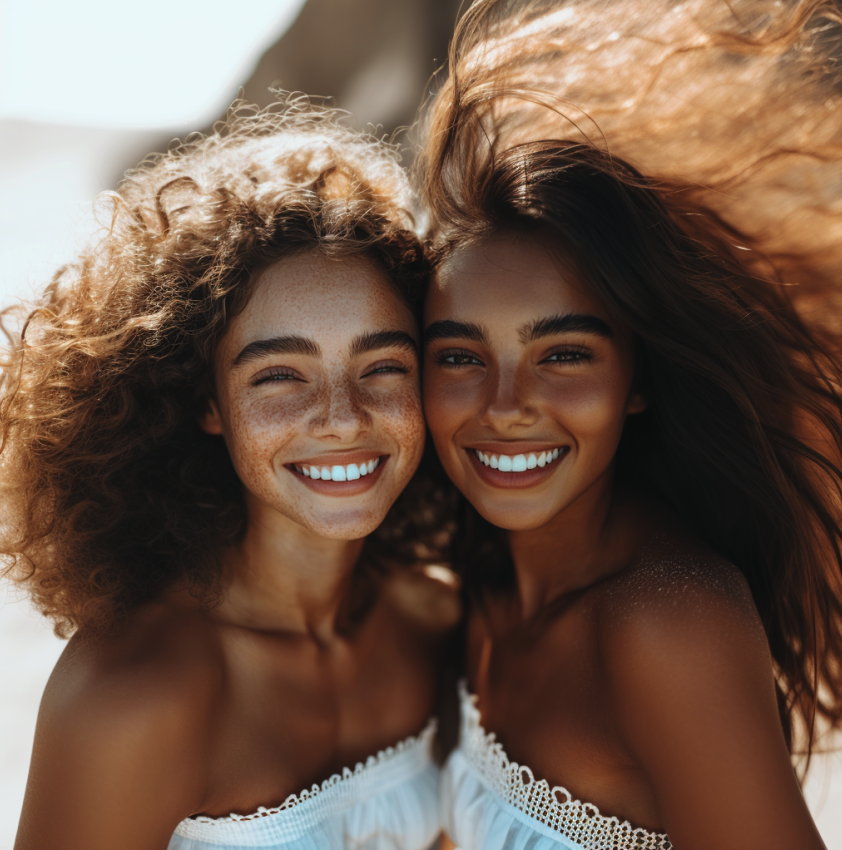 Two young woman standing cheek to cheek outside in the sunshine. Both woman have a dark tan and bright complexions with clean, clear skin that is glowing from regularly wearing coconut cream. Featured in the blog, "Can I Use Coconut Oil As A Body Cream?"