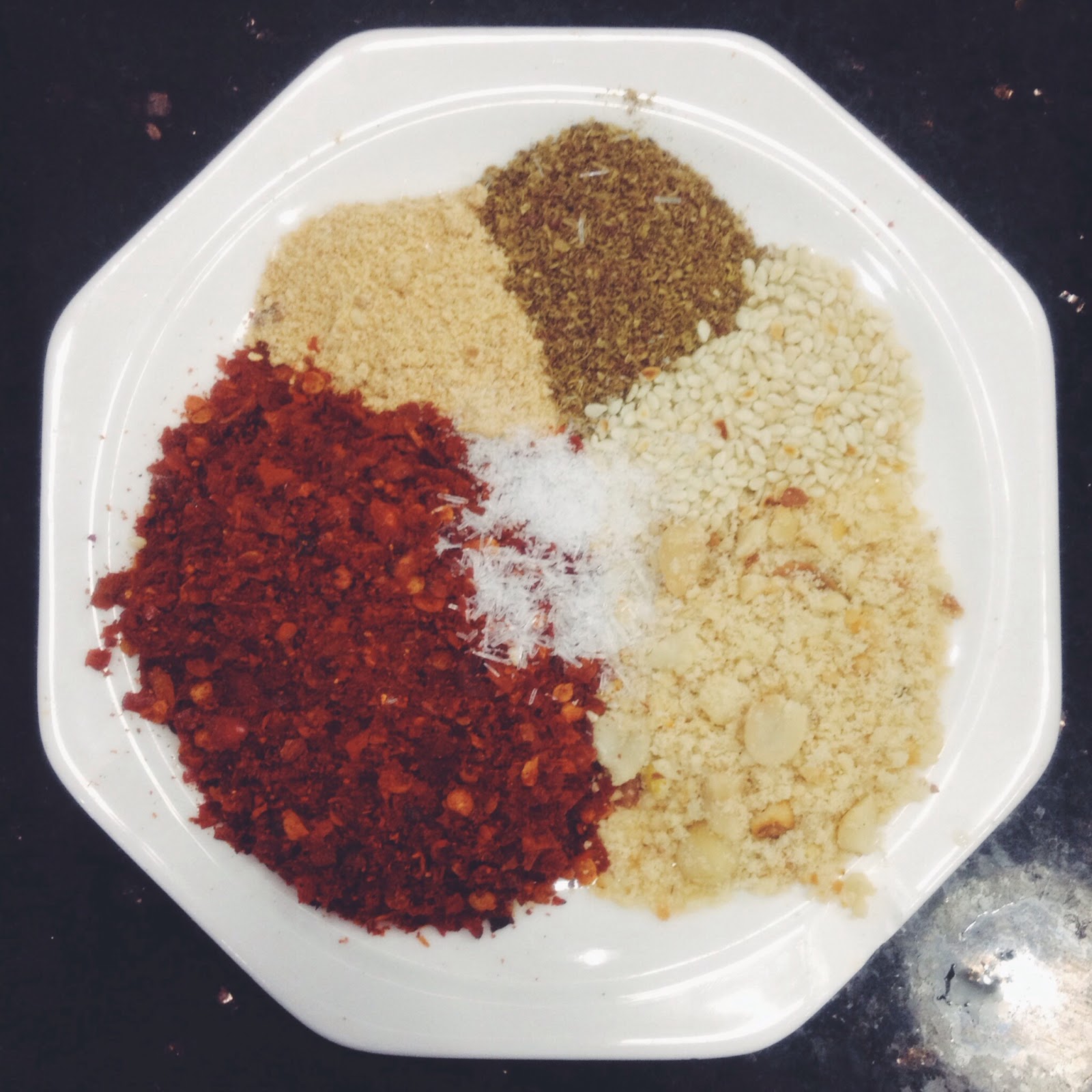 A plate filled with a colorful mix of ground spices.