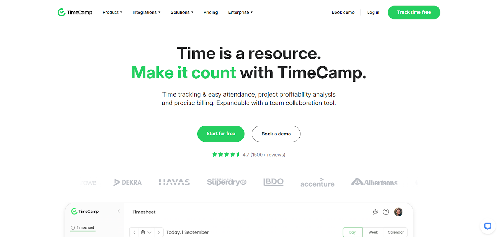 A screenshot of TimeCamp's website