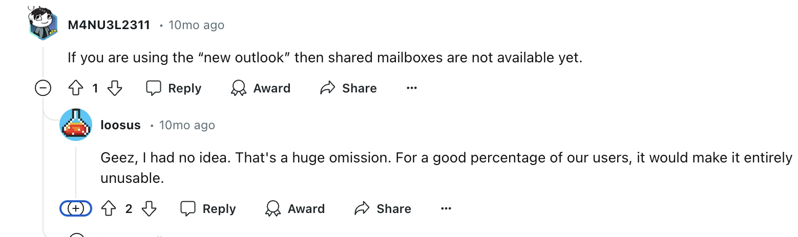 user review on Outlook's shared mailbox