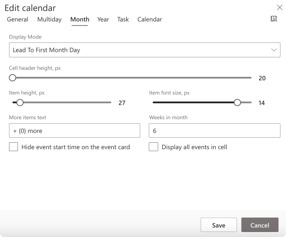 Changing monthly view settings in the “Month” tab in Virto Calendar. 