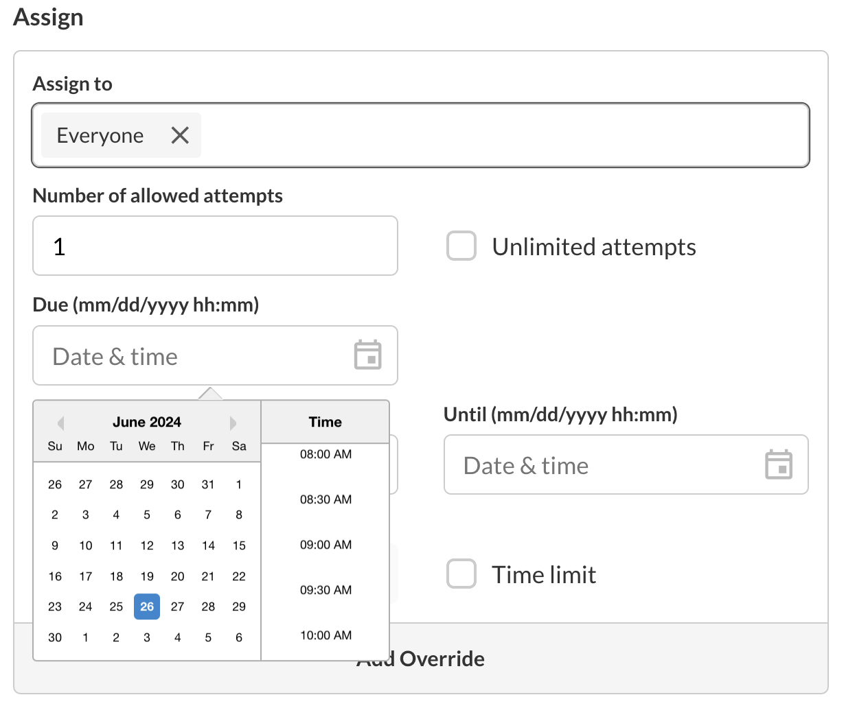 A date picker within Atomic Assessments. See caption for more detail.